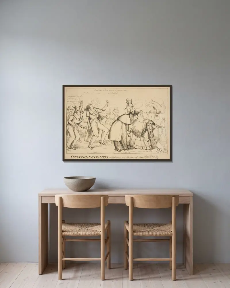 Corinthian steamers or costumes and customs of 1820. av William Heath inramad på en vägg