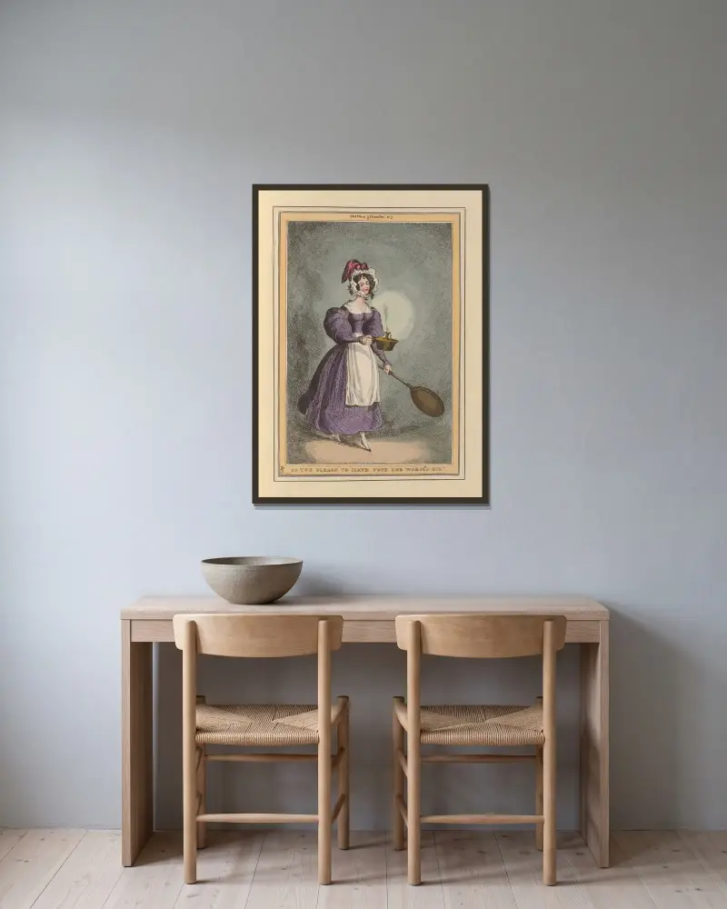 Wünschen Sie, dass Ihr Bett gewärmt wird, Sir? von William Heath gerahmt an einer Wand