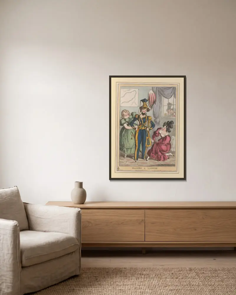 Einen Lanzenreiter ausbilden von William Heath gerahmt an einer Wand