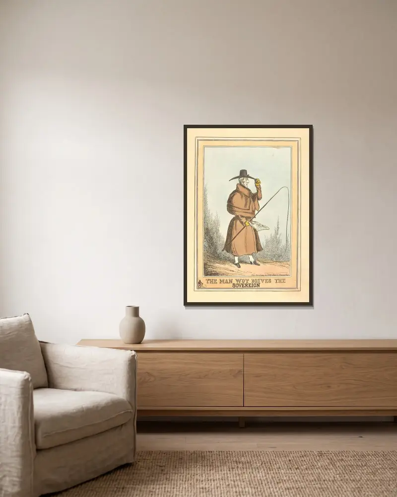 Der Mann, der den Souverän lenkt von William Heath gerahmt an einer Wand