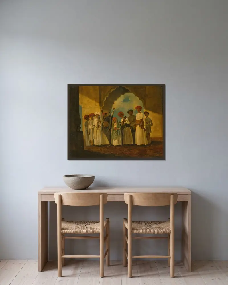 Eine Gruppe von Musikern, die Sarangi, Tambura und Tablas spielen (18. Jahrhundert) von William Hodges gerahmt an einer Wand
