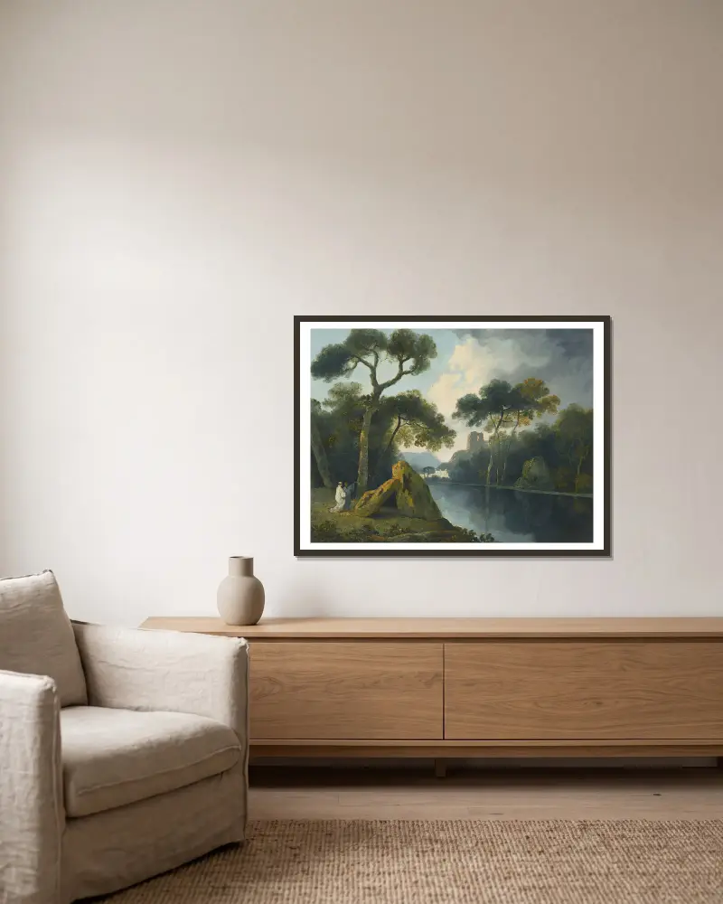 A River Landscape With Monks Conversing By A Pair Of Megaliths, With Ruins Beyond av William Hodges inramad på en vägg