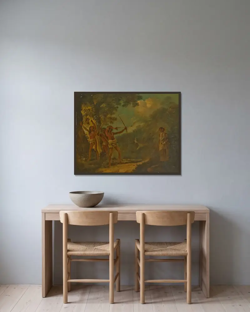Pahariastammar med bågar och pilar, och en bengalisk kvinna i ett skogslandskap av William Hodges inramad på en vägg