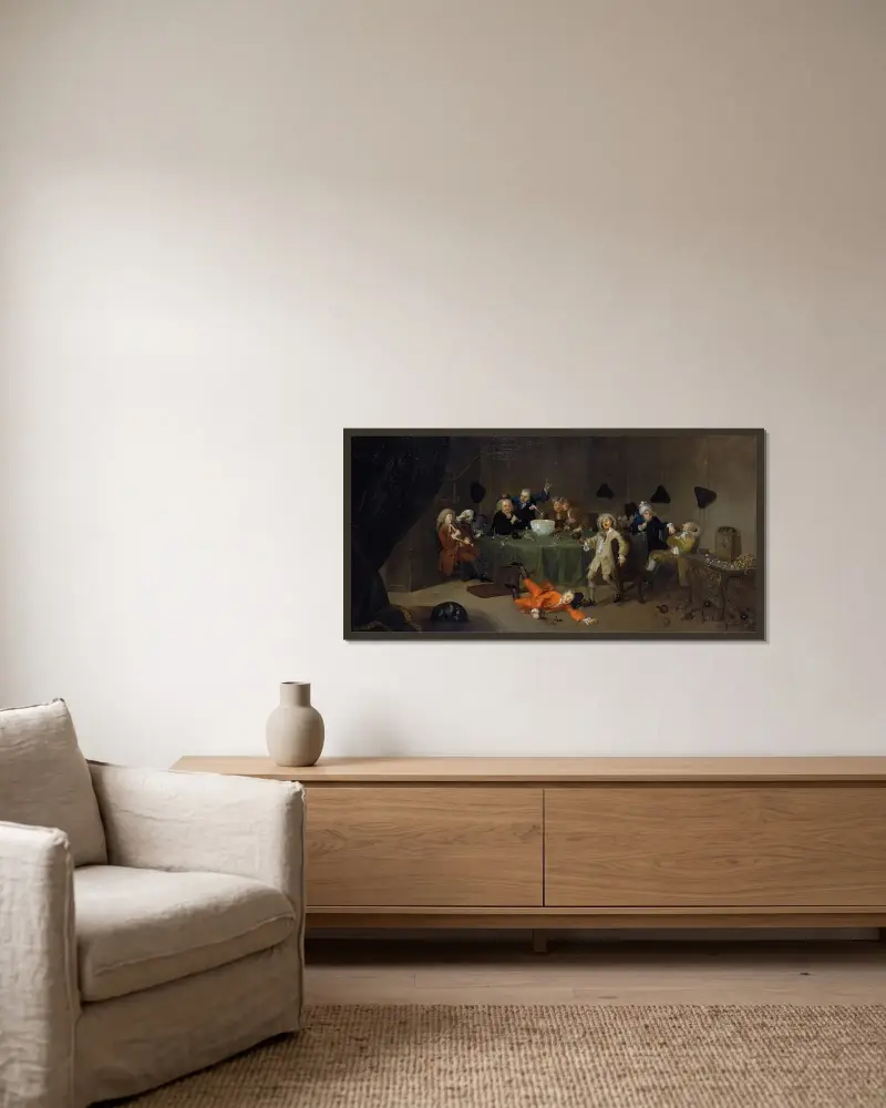 A Midnight Modern Conversation von William Hogarth gerahmt an einer Wand