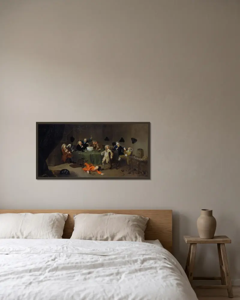 A Midnight Modern Conversation von William Hogarth gerahmt an einer Wand