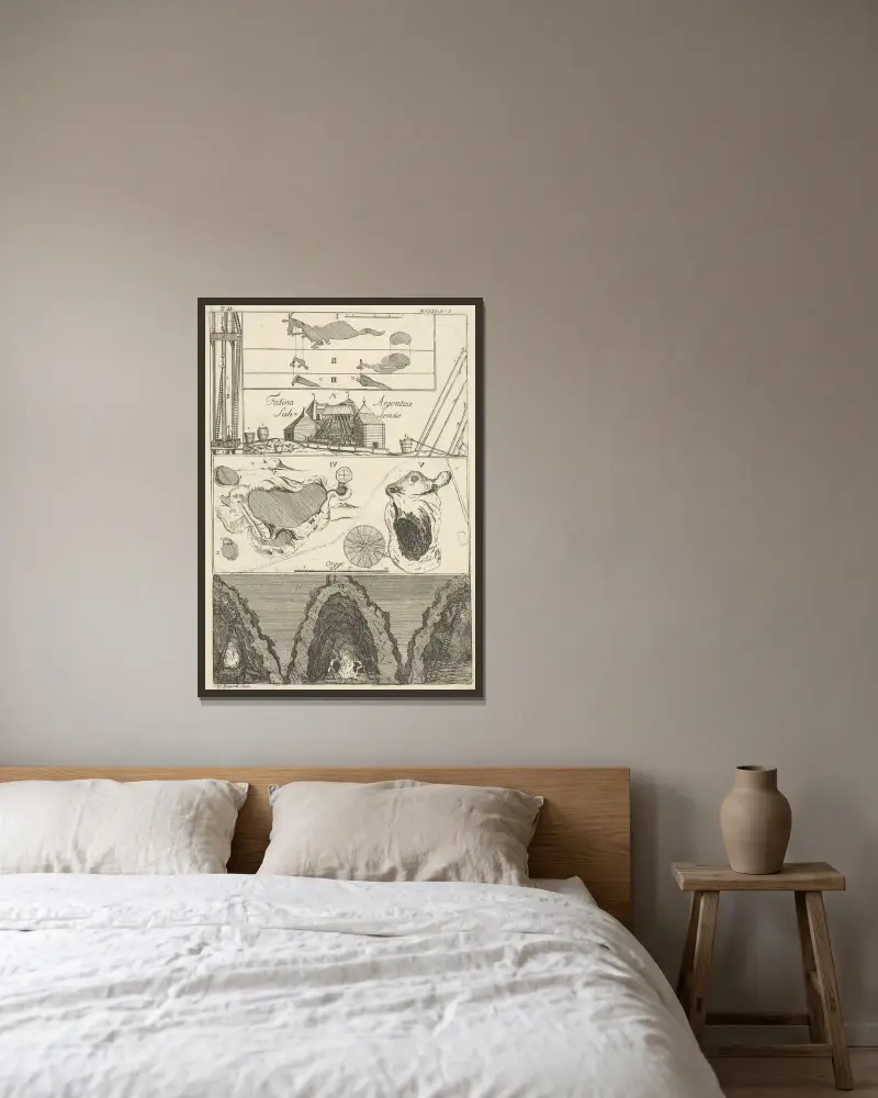 En silvergruva i Sala, I; illustration till La Motrayes 'Resor' av William Hogarth inramad på en vägg