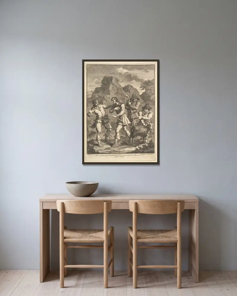 Don Quijote och klippherren av William Hogarth inramad på en vägg