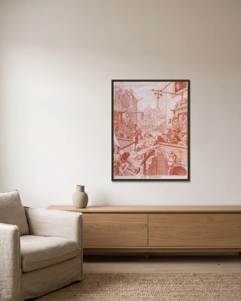 Gin Street von William Hogarth gerahmt an einer Wand
