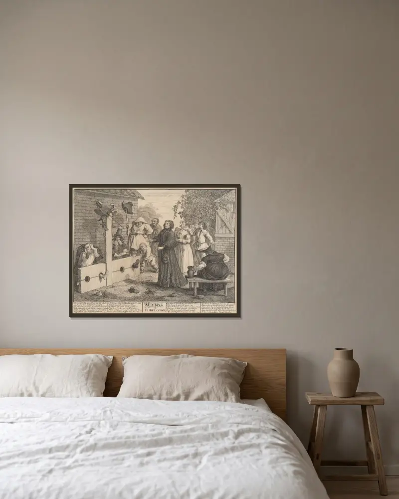 Hudibras i trångmål (nr 6) av William Hogarth inramad på en vägg