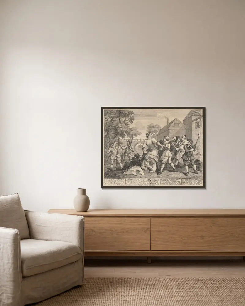 Hudibras besegrad av Trulla (nr 5) av William Hogarth inramad på en vägg