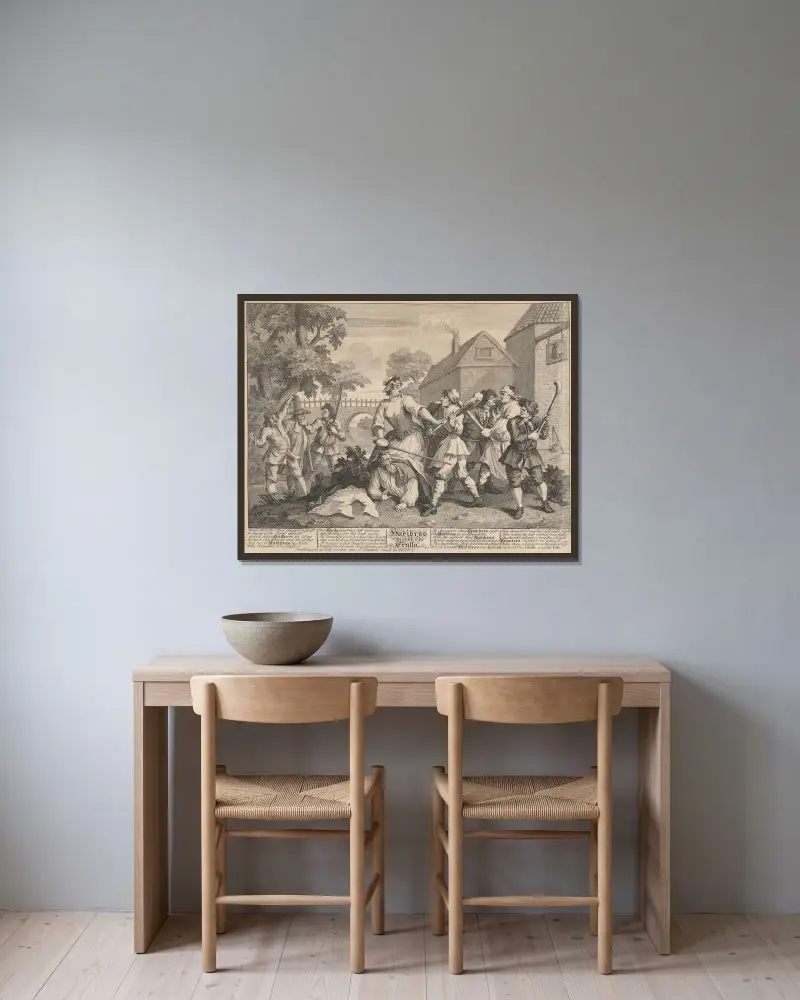 Hudibras besegrad av Trulla (nr 5) av William Hogarth inramad på en vägg