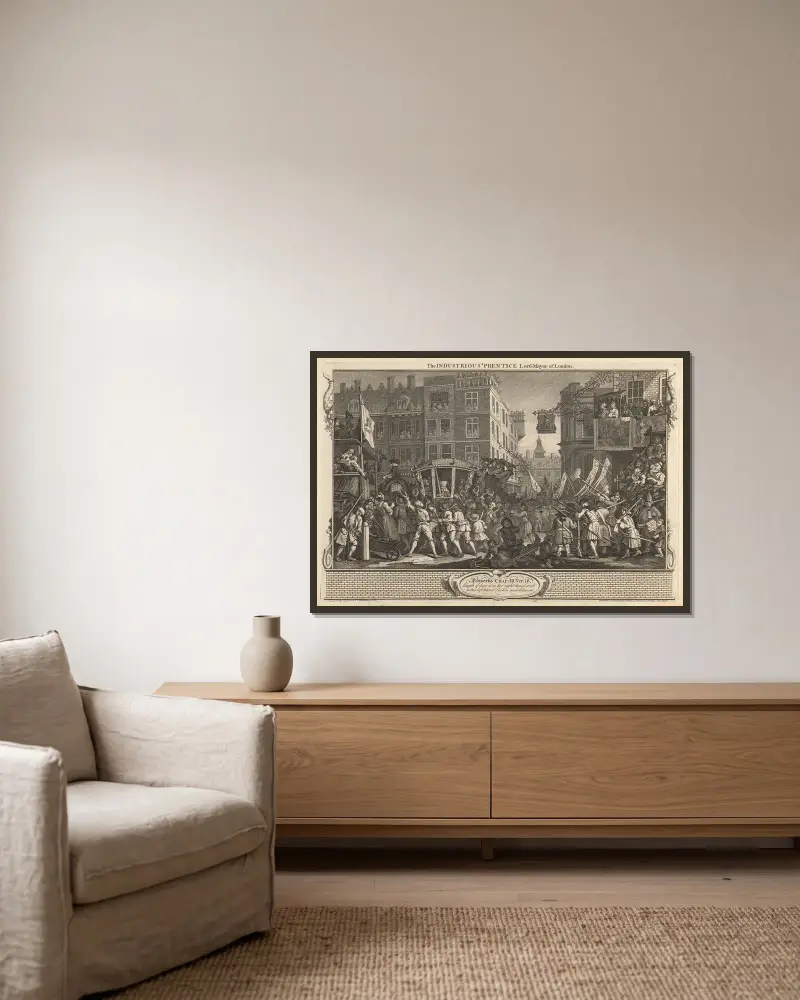 Plansch 12, Den flitige lärlingens lord mayor av London av William Hogarth inramad på en vägg