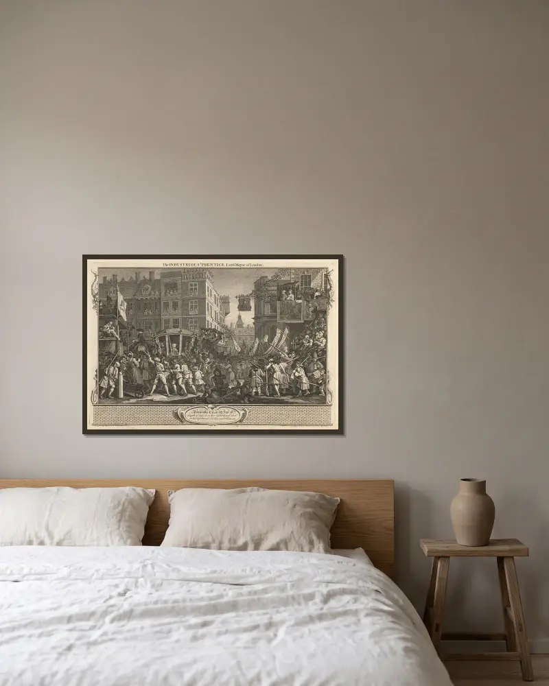 Plansch 12, Den flitige lärlingens lord mayor av London av William Hogarth inramad på en vägg