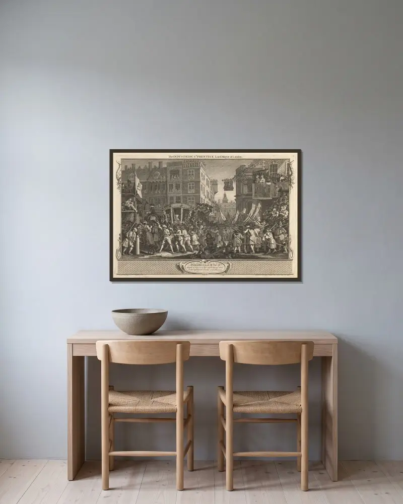 Plansch 12, Den flitige lärlingens lord mayor av London av William Hogarth inramad på en vägg