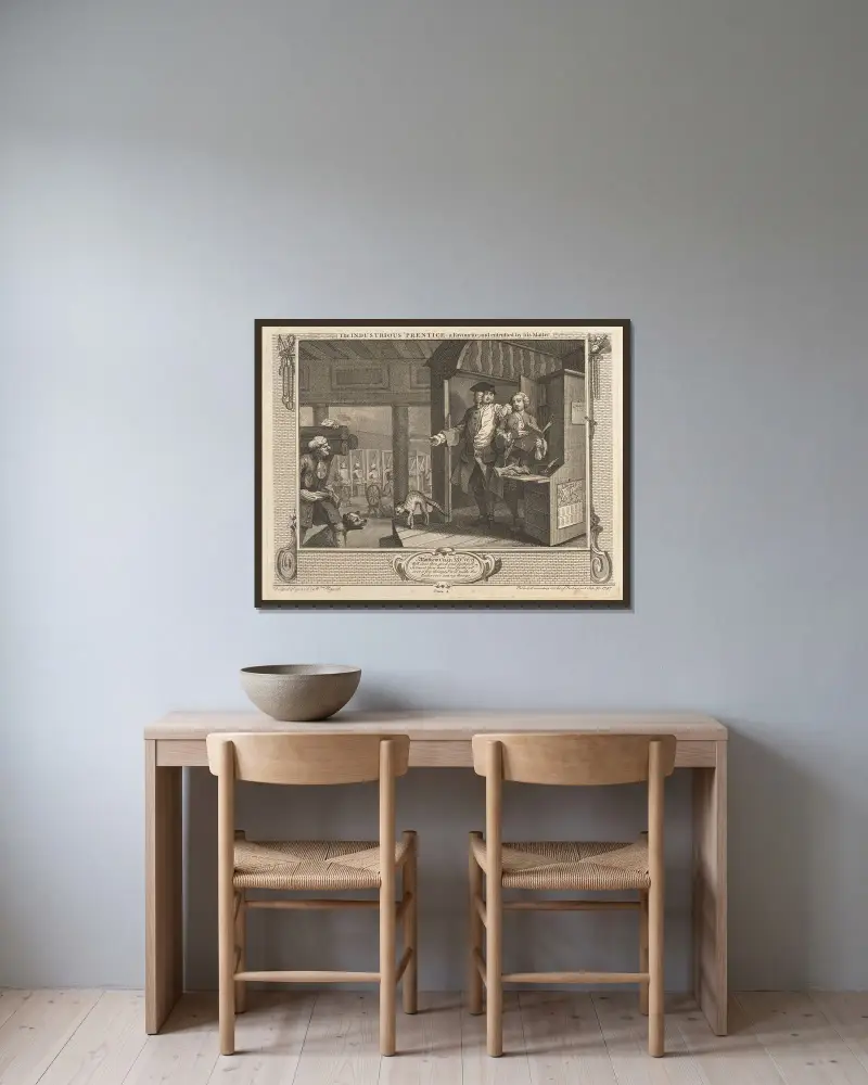 Plansch 4, Den flitige lärlingen blir favorit och får sin mästares förtroende av William Hogarth inramad på en vägg