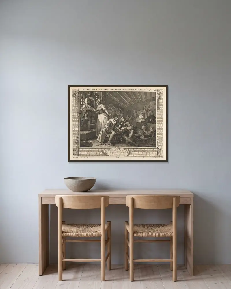 Blad 9, Den late lärlingen förrådd av sin hora och gripen i en nattkällare med sin medbrottsling av William Hogarth inramad på en vägg