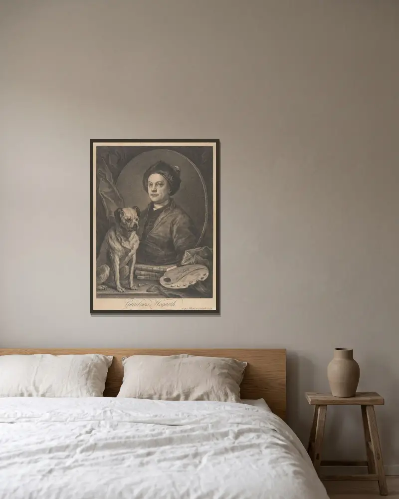 Self-portrait von William Hogarth gerahmt an einer Wand