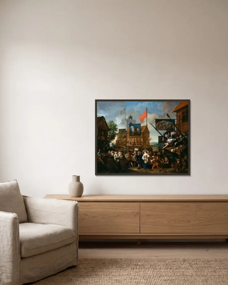Southwark Fair von William Hogarth gerahmt an einer Wand