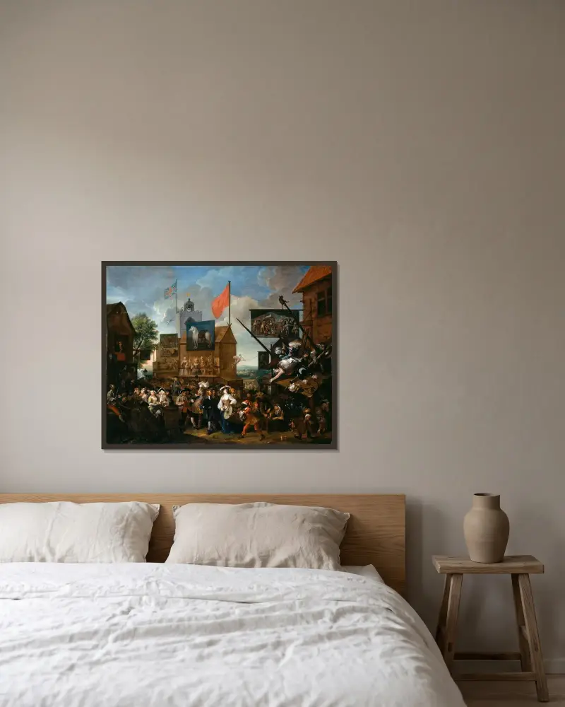 Southwark Fair von William Hogarth gerahmt an einer Wand