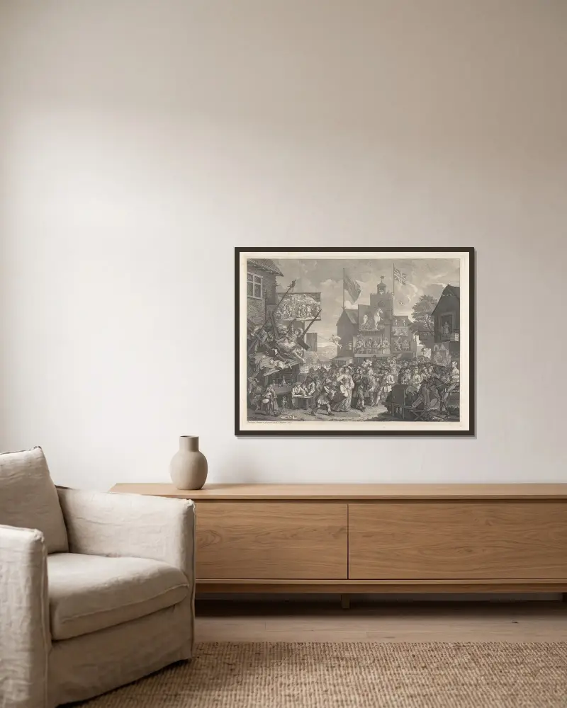 Southwark Fair von William Hogarth gerahmt an einer Wand