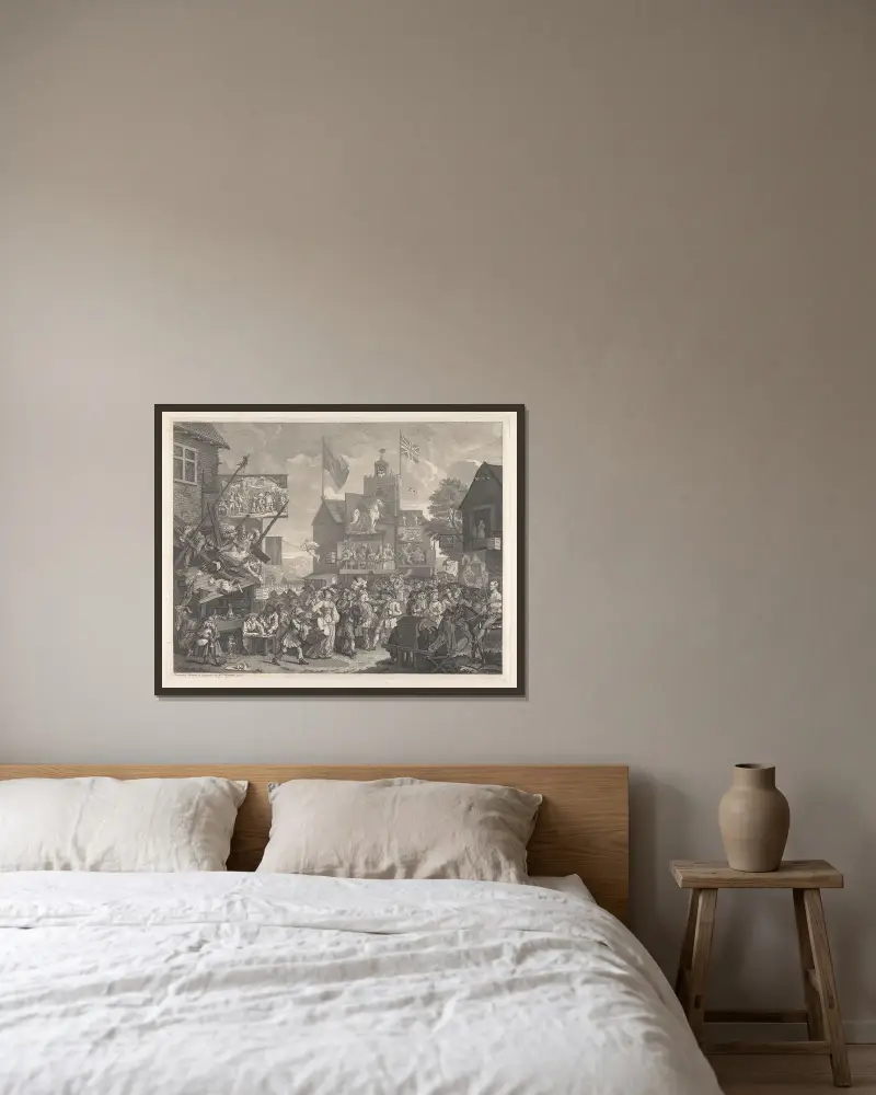 Southwark Fair von William Hogarth gerahmt an einer Wand