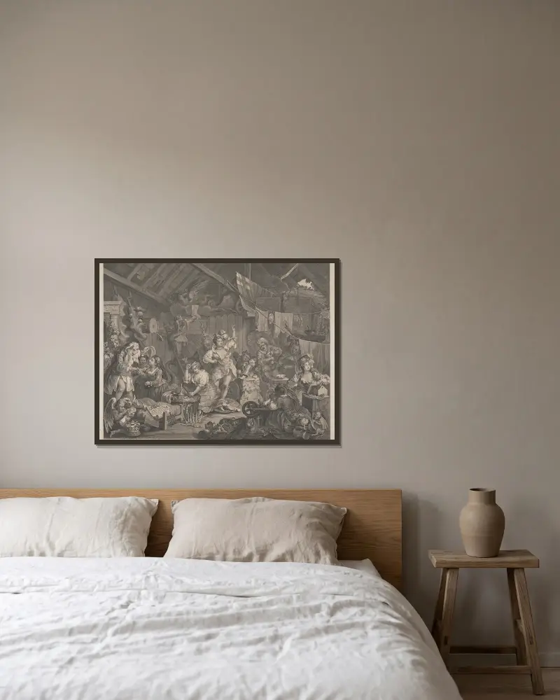 Umherziehende Schauspielerinnen beim Ankleiden in einer Scheune von William Hogarth gerahmt an einer Wand