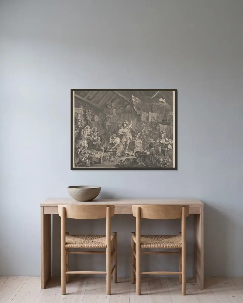 Umherziehende Schauspielerinnen beim Ankleiden in einer Scheune von William Hogarth gerahmt an einer Wand
