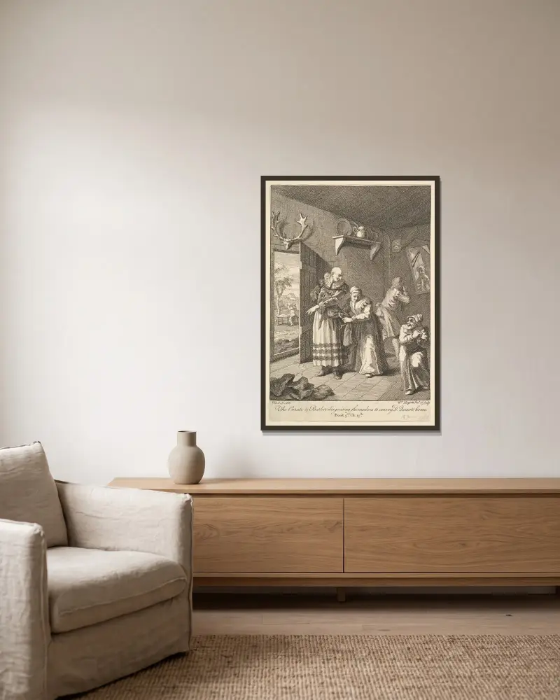 Kyrkoherden och barberaren som klär ut sig för att föra Don Quijote hem av William Hogarth inramad på en vägg