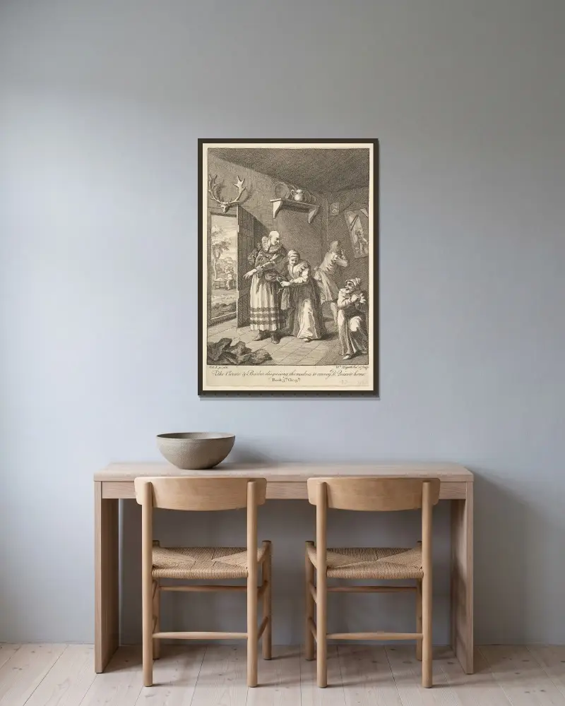 Kyrkoherden och barberaren som klär ut sig för att föra Don Quijote hem av William Hogarth inramad på en vägg