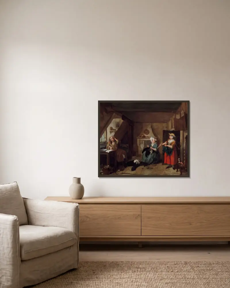 Den olycklige poeten av William Hogarth inramad på en vägg