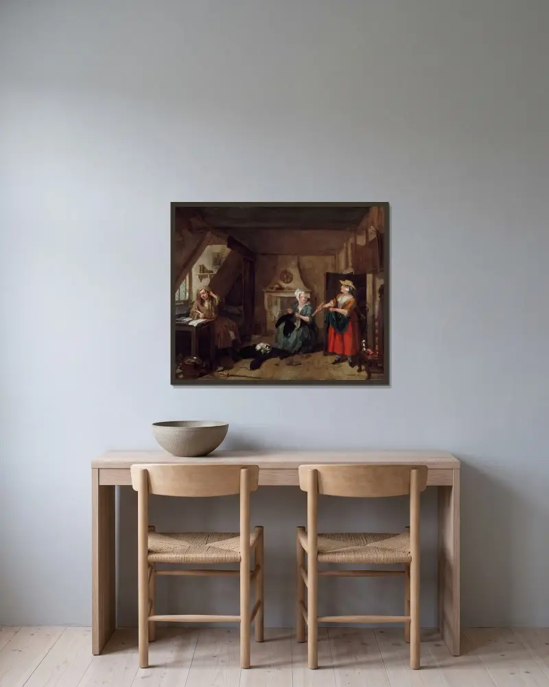 Den olycklige poeten av William Hogarth inramad på en vägg