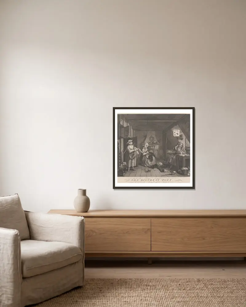 Der bedrängte Poet von William Hogarth gerahmt an einer Wand