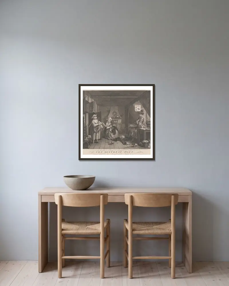 Der bedrängte Poet von William Hogarth gerahmt an einer Wand