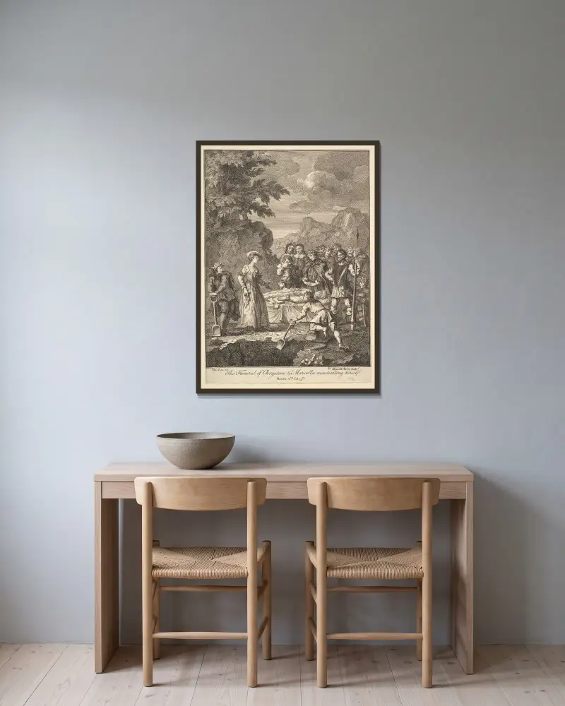 Krysantems och Marcellas begravning av William Hogarth inramad på en vägg