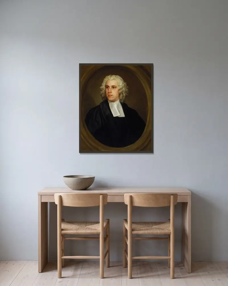 Der Reverend Dr. John Lloyd, Kurat der St.-Mildred-Kirche in der Broad Street von William Hogarth gerahmt an einer Wand