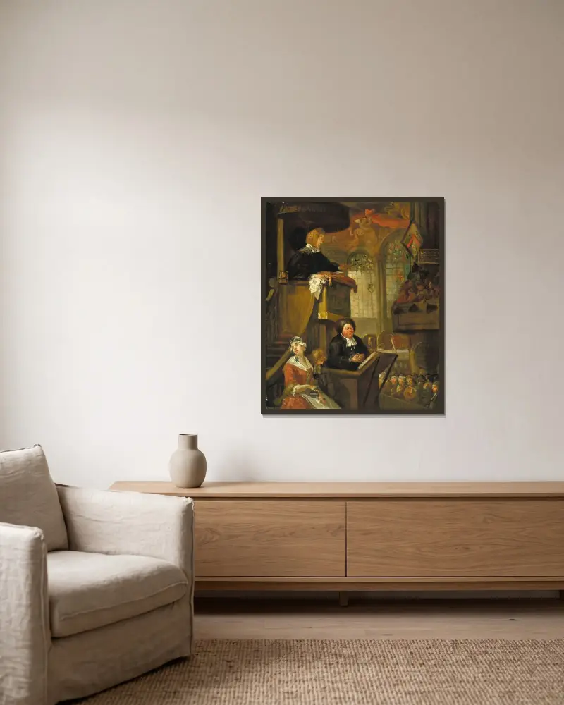 Den sovande församlingen av William Hogarth inramad på en vägg