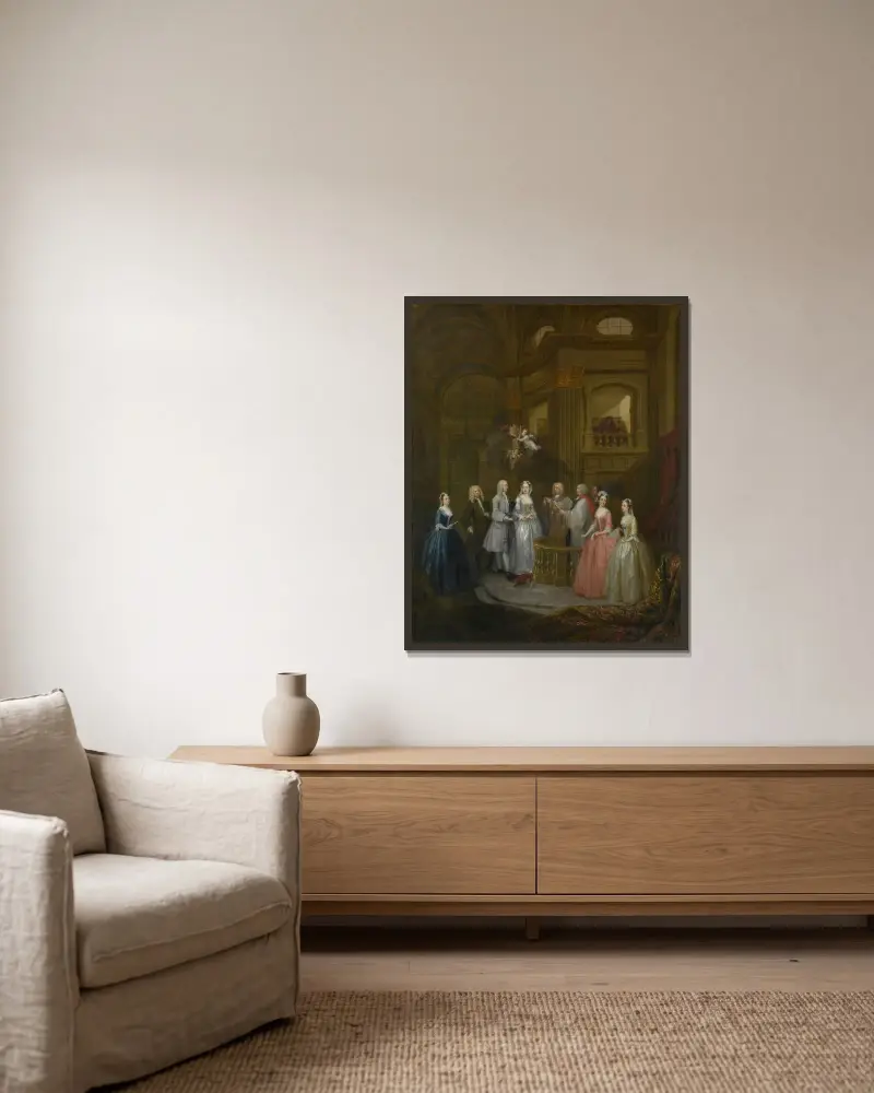 Bröllopet mellan Stephen Beckingham och Mary Cox av William Hogarth inramad på en vägg