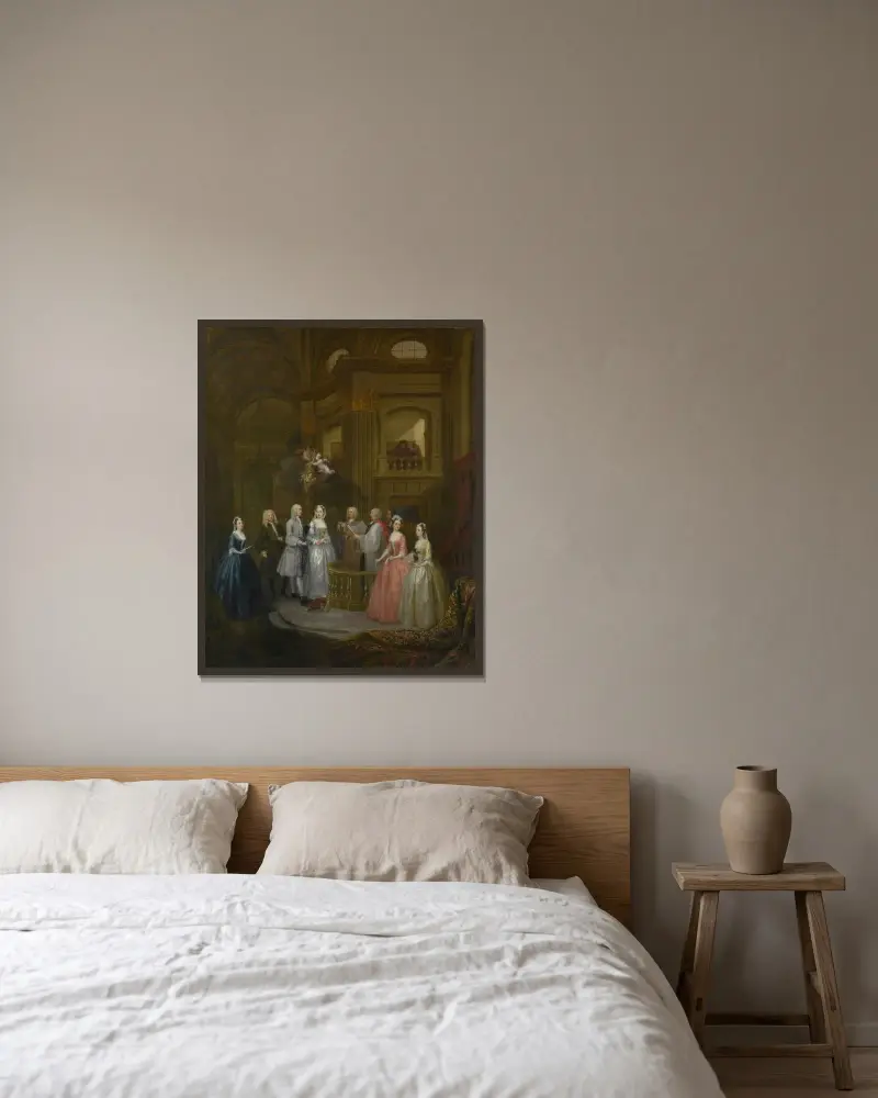 Bröllopet mellan Stephen Beckingham och Mary Cox av William Hogarth inramad på en vägg