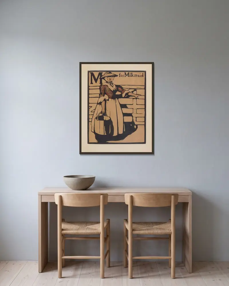 M som i mjölkpiga av William Nicholson inramad på en vägg