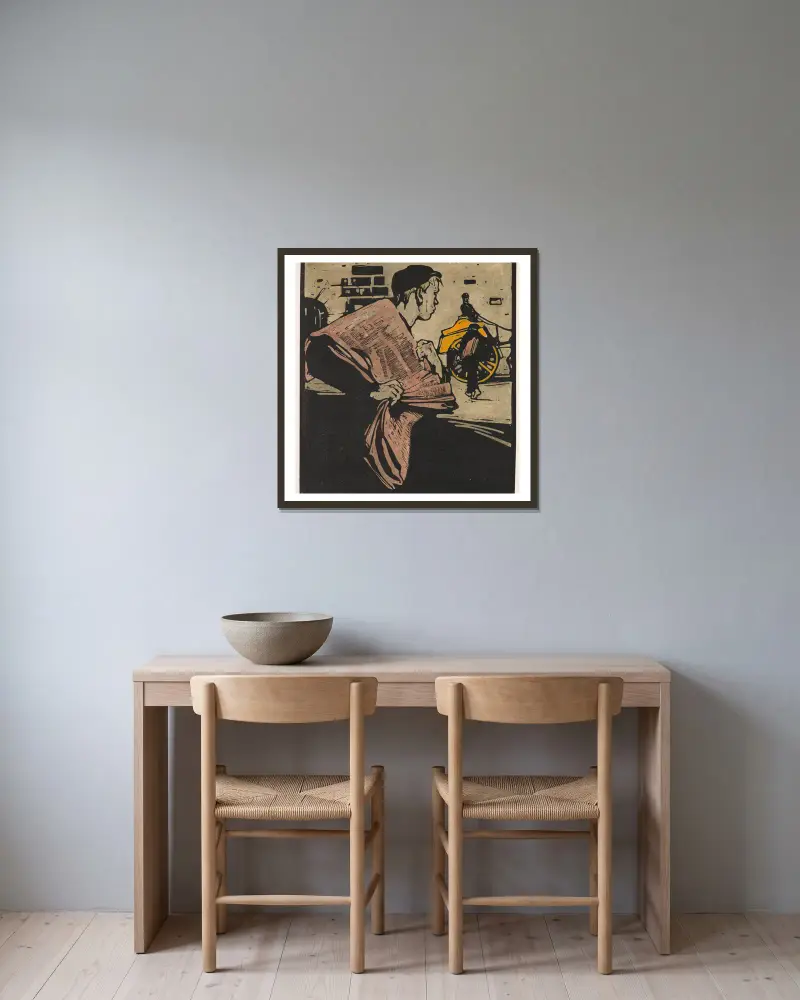 Poslíček s novinami, William Nicholson v rámu na stěně