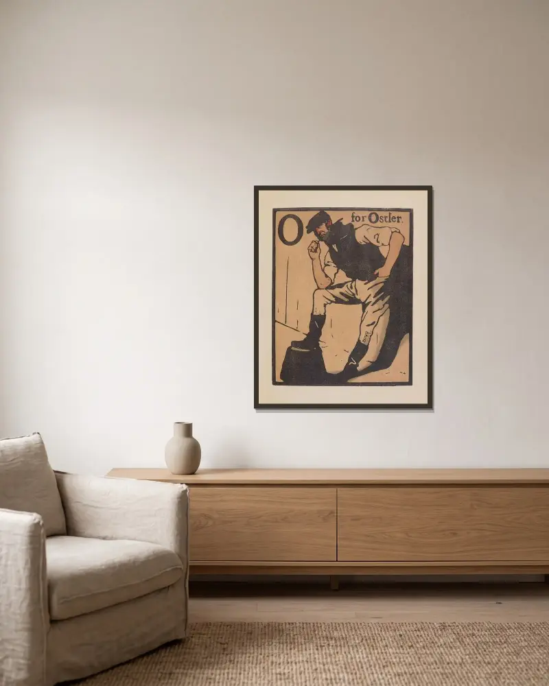O for Ostler av William Nicholson inramad på en vägg