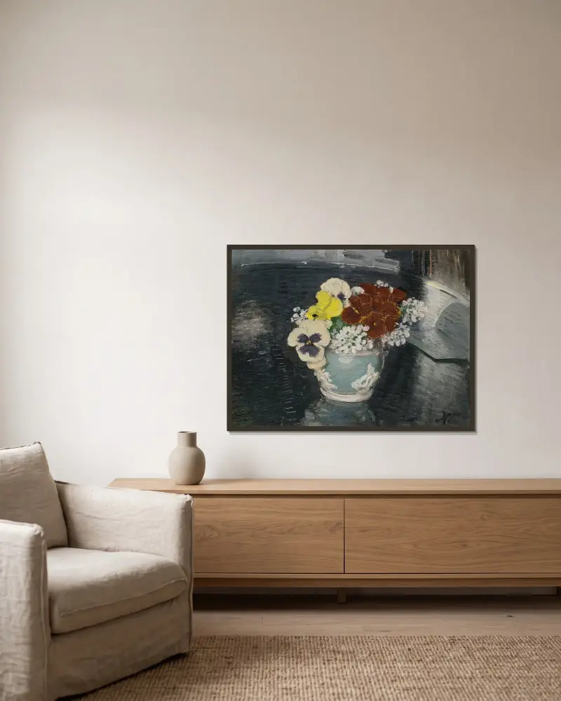 Penséer och andra blommor av William Nicholson inramad på en vägg