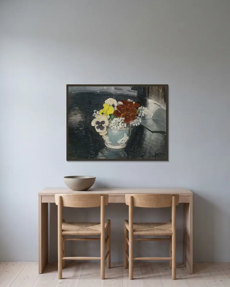 Penséer och andra blommor av William Nicholson inramad på en vägg