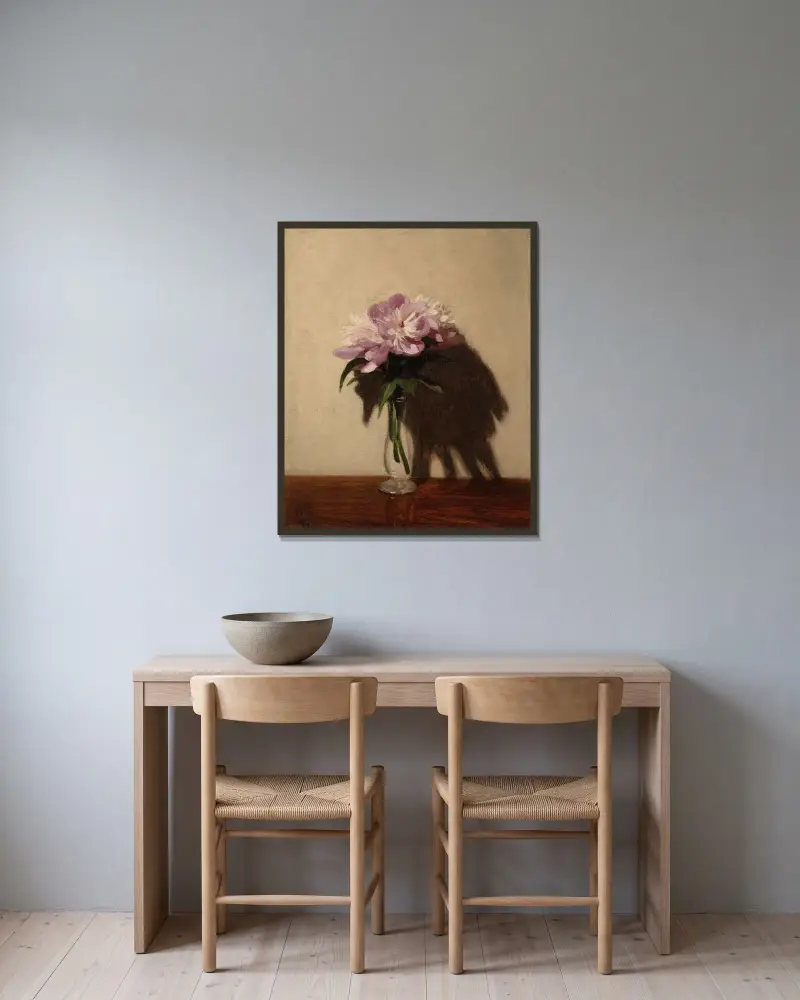 Röda pioner av William Nicholson inramad på en vägg