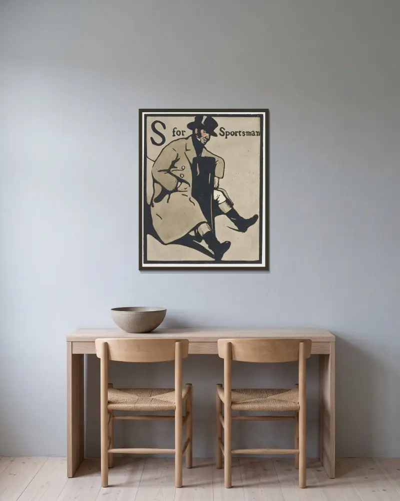 S som i Sportsman. Ur ett alfabet av William Nicholson inramad på en vägg