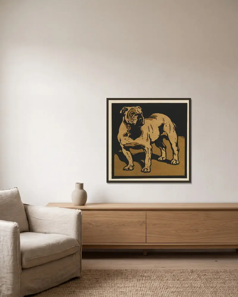 Das quadratische Buch der Tiere; Der britische Bulldogge von William Nicholson gerahmt an einer Wand