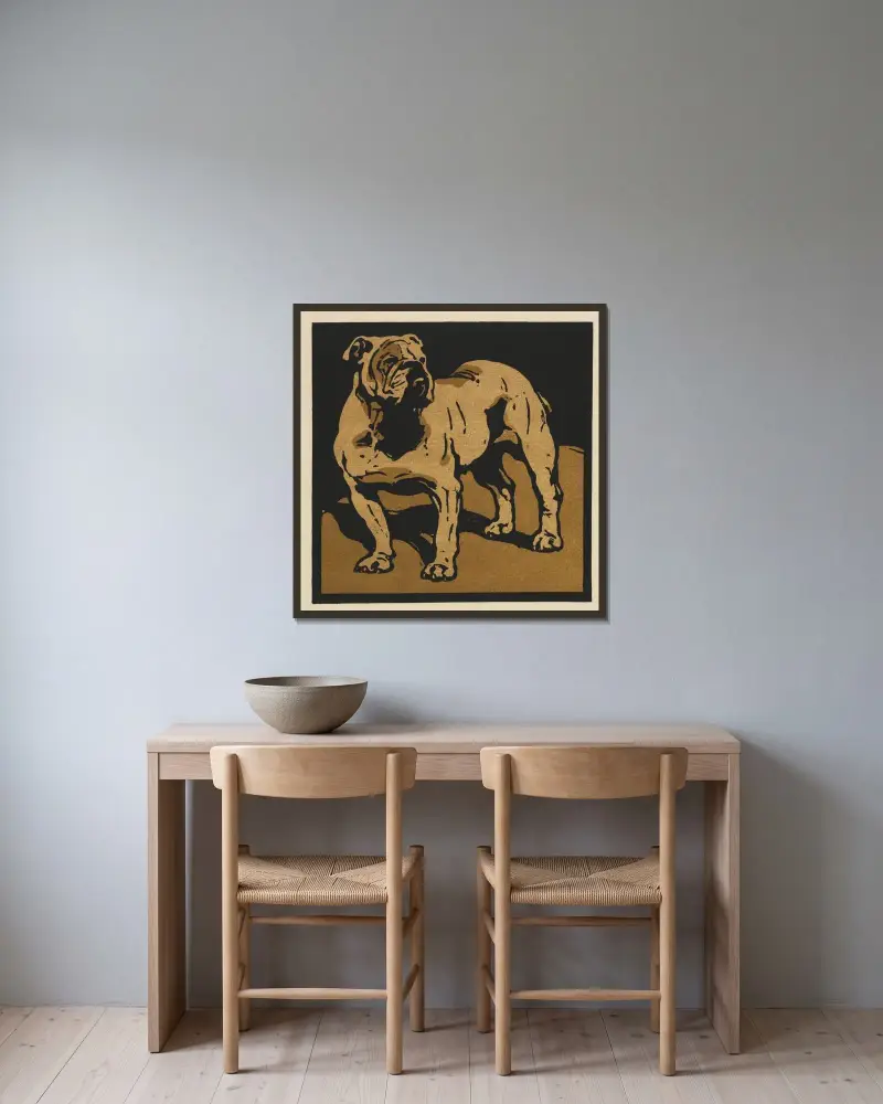 Das quadratische Buch der Tiere; Der britische Bulldogge von William Nicholson gerahmt an einer Wand