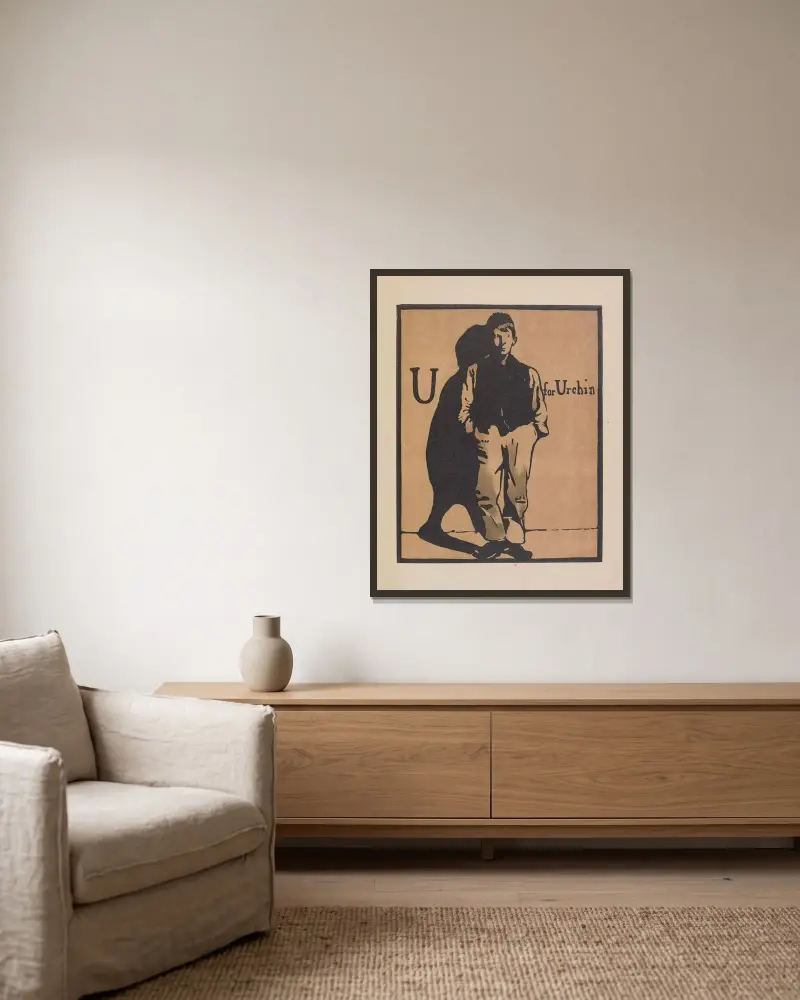 U for Urchin av William Nicholson inramad på en vägg