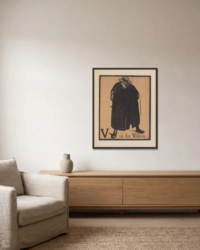 V is for Villain av William Nicholson inramad på en vägg