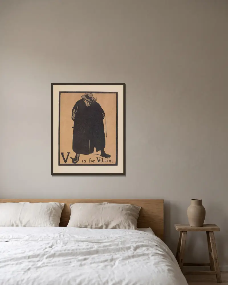 V is for Villain av William Nicholson inramad på en vägg